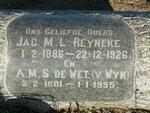 REYNEKE Jac M.L. 1886-1926 & A.M.S. V. WYK 1881-1955
