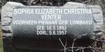 VENTER Sophia Elizabeth Christina previously PIENAAR nee LOMBARD 1893-1957