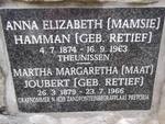 HAMMAN Anna Elizabeth nee RETIEF 1874-1963 :: JOUBERT Martha Margaretha nee RETIEF 1879-1966