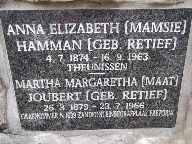 HAMMAN Anna Elizabeth nee RETIEF 1874-1963 :: JOUBERT Martha Margaretha nee RETIEF 1879-1966