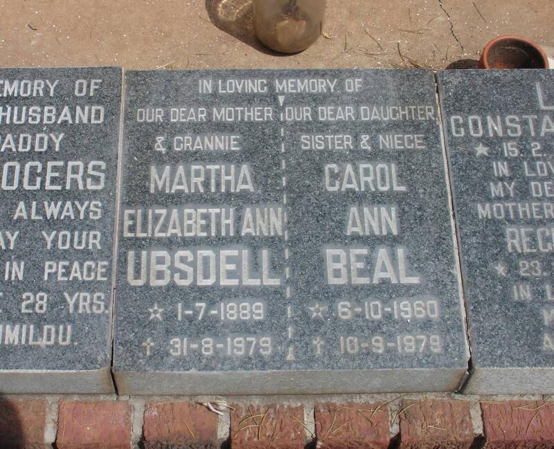 UBSDELL Martha Elizabeth  1889-1979 :: BEAL Carol Ann 1960-1979