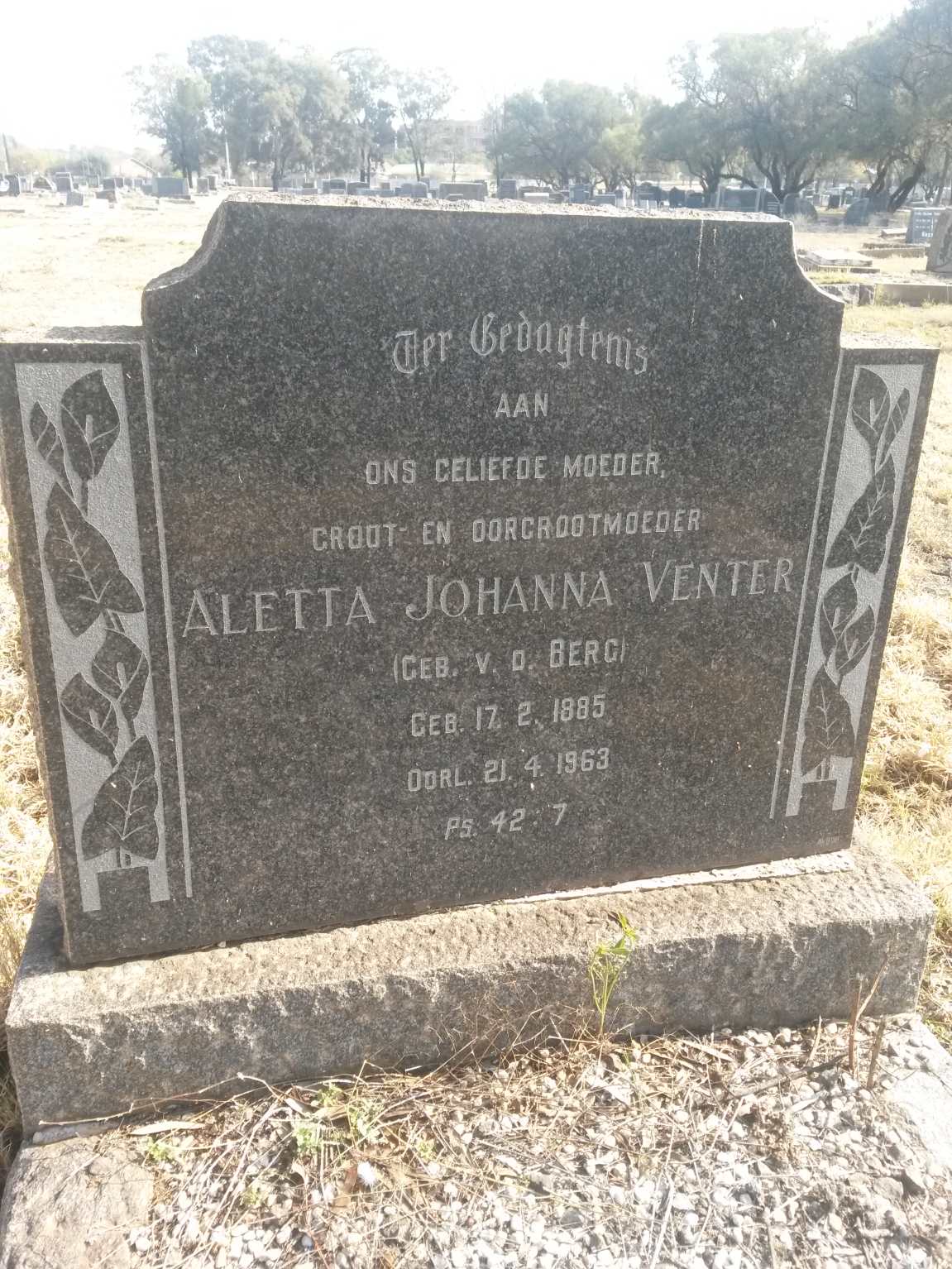 VENTER Aletta Johanna nee V.D. BERG 1885-1963