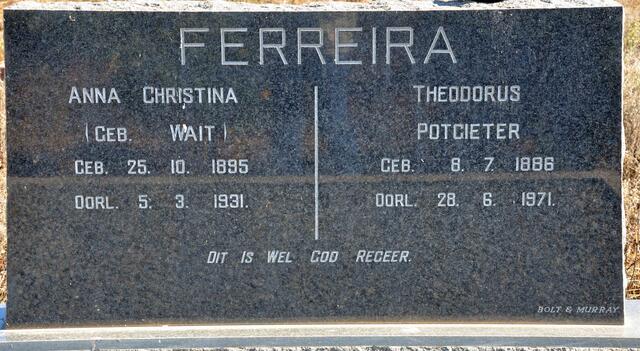 FERREIRA Theodorus Potgieter 1886-1971 & Anna Christina WAIT 1895-1931