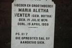 VENTER Maria Aletha nee BOTHA 1874-1959