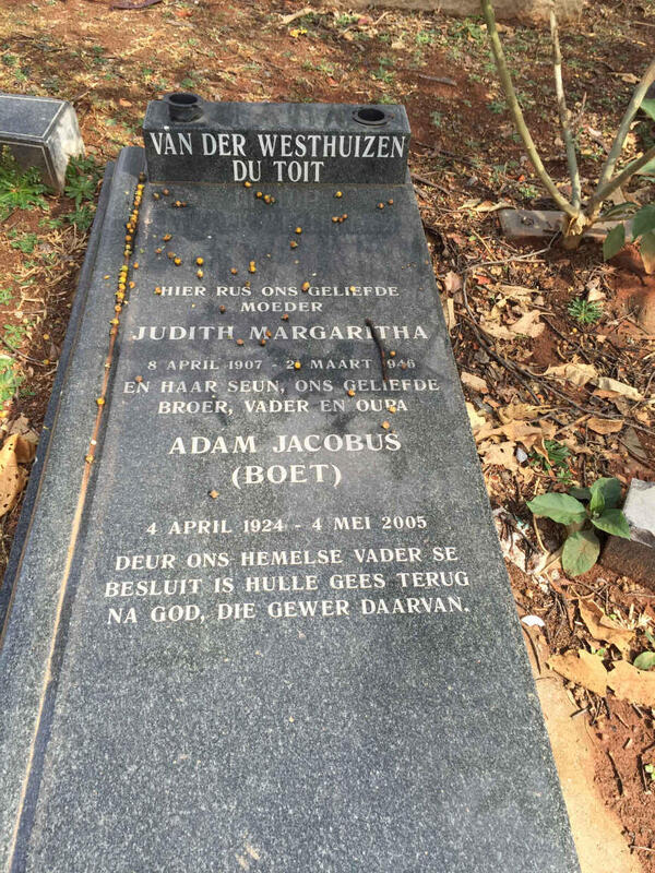 WESTHUIZEN Judith Margaritha, van der, DU TOIT 1907-1946 :: VAN DER WESTHUIZEN Adam Jacobus 1924-2005