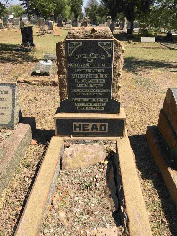 HEAD Alfred John -1945 & Elizabeth Jane Richards -1931