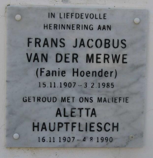 MERWE Frans Jacobus, van der 1907-1985 & Aletta HAUPTFLEISCH 1907-1990