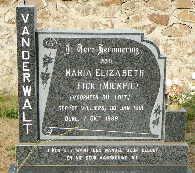 WALT Maria Elizabeth, van der Fick voorheen DU TOIT nee DE VILLIERS 1901-1989