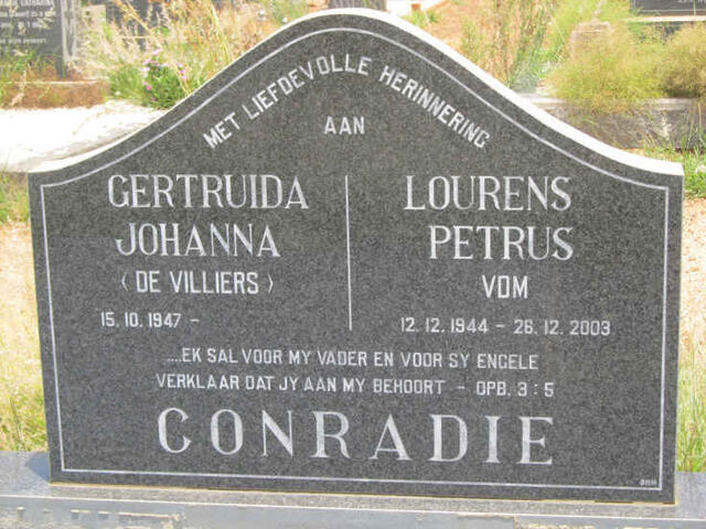 CONRADIE Lourens Petrus V.D.M. 1944-2003 & Gertruida Johanna DE VILLIERS 1947-