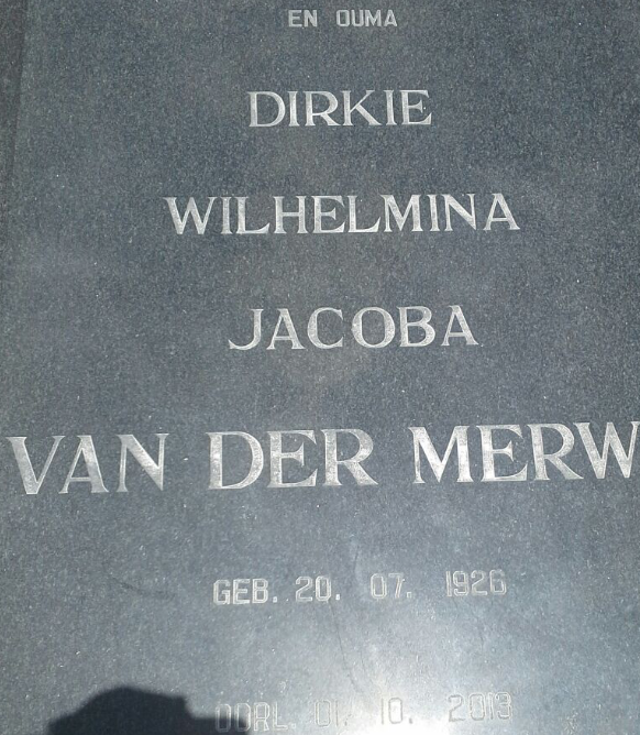 MERWE Dirkie Wilhelmina Jacoba, van der 1926-2013