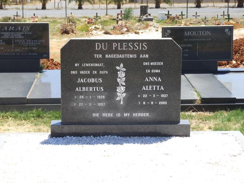 PLESSIS Jacobus Albertus, du 1926-1997 & Anna Aletta 1937-2003