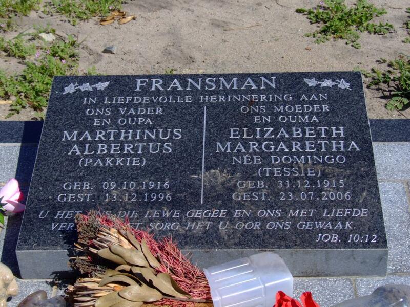 FRANSMAN Marthinus Albertus 1916-1996 & Elizabeth Margaretha DOMINGO 1915-2006