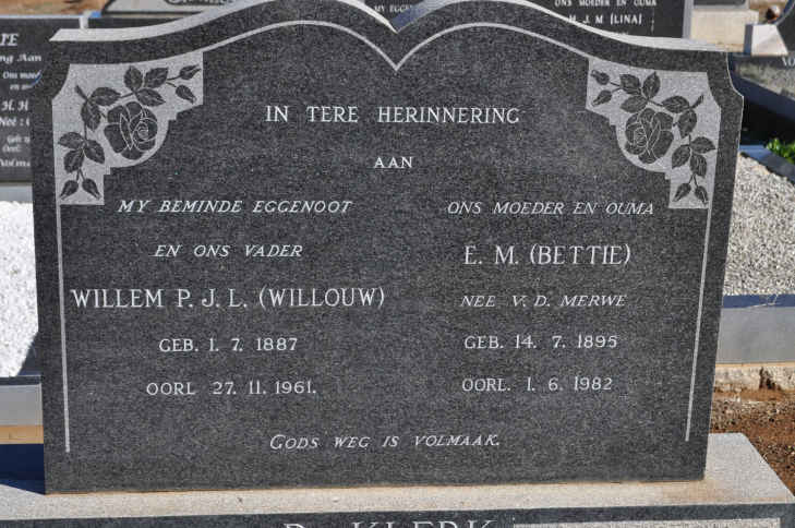 KLERK Willem P.J.L., de 1887-1961 & E.M. V.D. MERWE 1895-1982