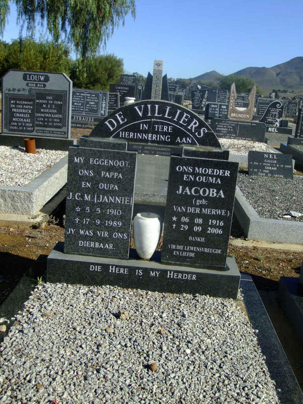 VILLIERS J.C.M., de 1910-1989 & Jacoba VAN DER MERWE 1916-2006