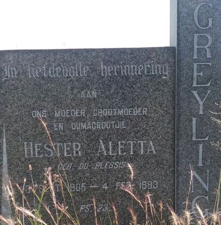 GREYLING Hester Aletta nee DU PLESSIS 190?-1983