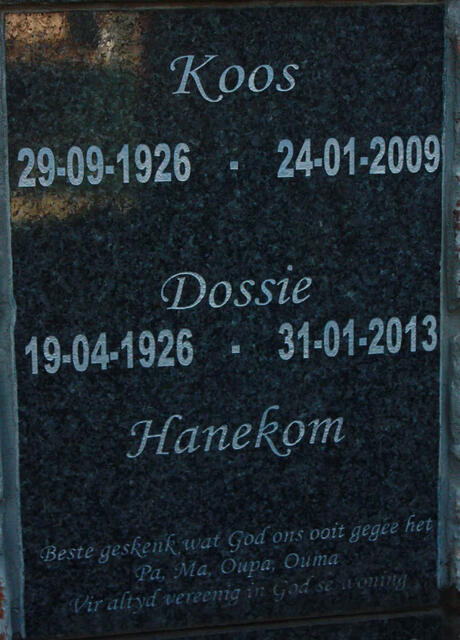 HANEKOM Koos 1926-2009 & Dossie 1926-2013