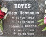 BOTES Wiets Hermanus 1923-2009 & Johanna Jacoba 1929-2009