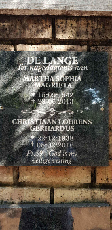 LANGE Christiaan Lourens Gerhardus, de 1938-2016 & Martha Sophia Magrieta 1942-2013