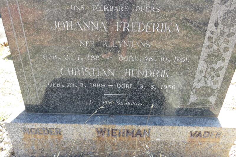 WIEHMAN Christian Hendrik 1869-1956 & Johanna Frederika KLEYNHANS 1881-1951