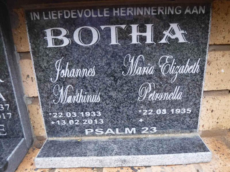BOTHA Johannes Marthinus 1933-2013 & Maria Elizabeth Petronella 1935-