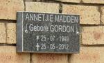 MADDEN Annetjie nee GORDON 1949-2012