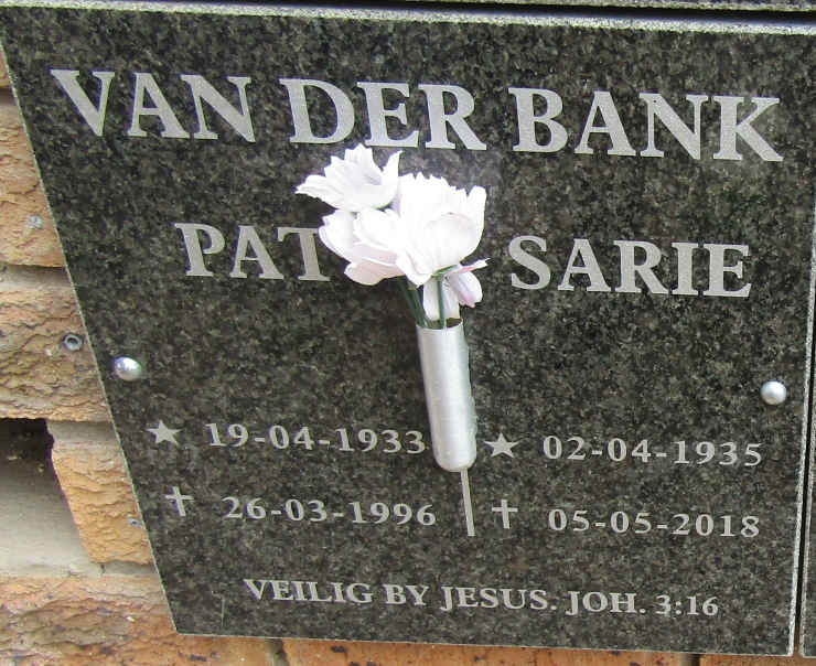 BANK Pat, van der 1933-1996 & Sarie 1935-2018