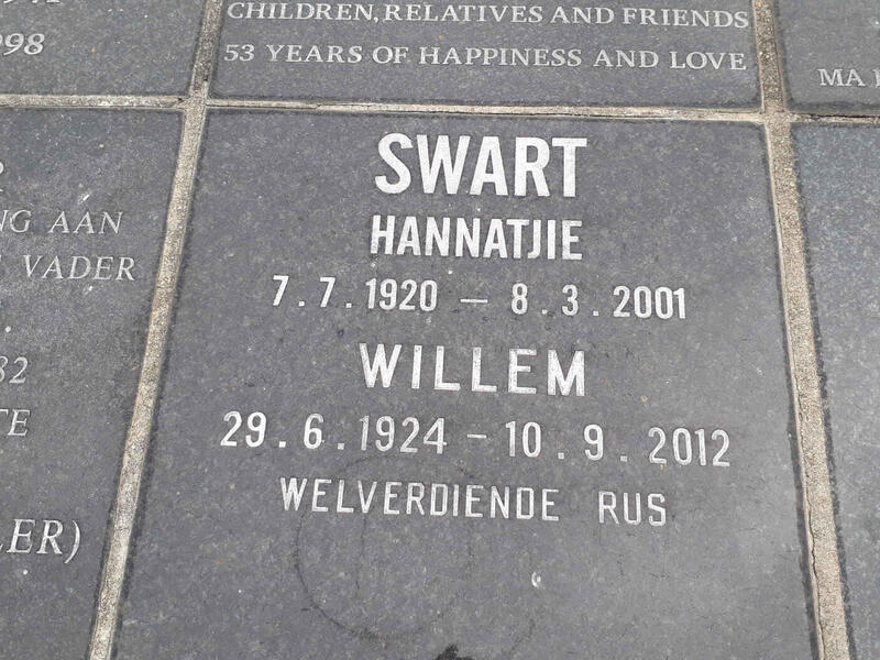 SWART Willem 1924-2012 & Hannatjie 1920-2001