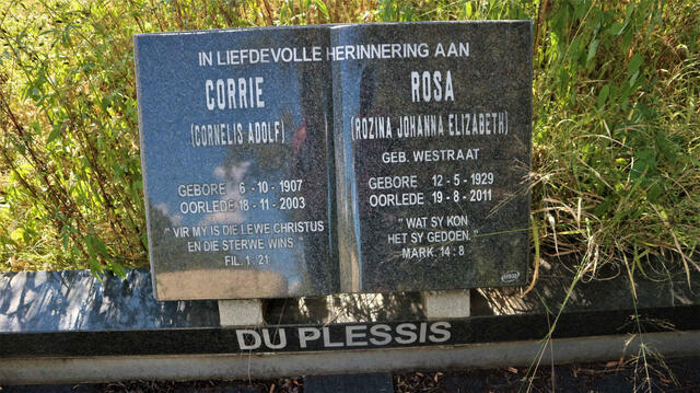 PLESSIS Cornelis Adolf, du 1907-2003 & Rozina Johanna Elizabeth WESTRAAT 1929-2011