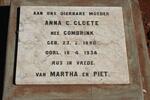 CLOETE Anna C. nee COMBRINK 1890-1934