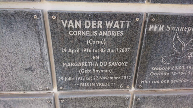 WATT Cornelis Andries, van der 1916-2007 & Margaretha Du Savoye SNYMAN 1923-2012