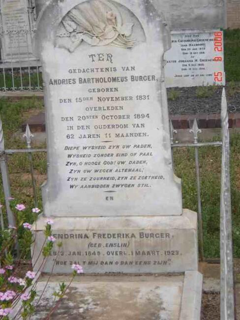 BURGER Andries Bartholomeus 1831-1894 & Hendrina Frederika ENSLIN 1849-1923