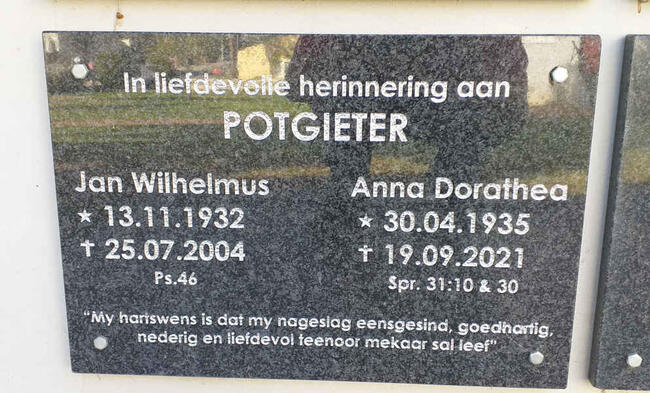 POTGIETER Jan Wilhelmus 1932-2004 & Anna Dorathea 1935-2021