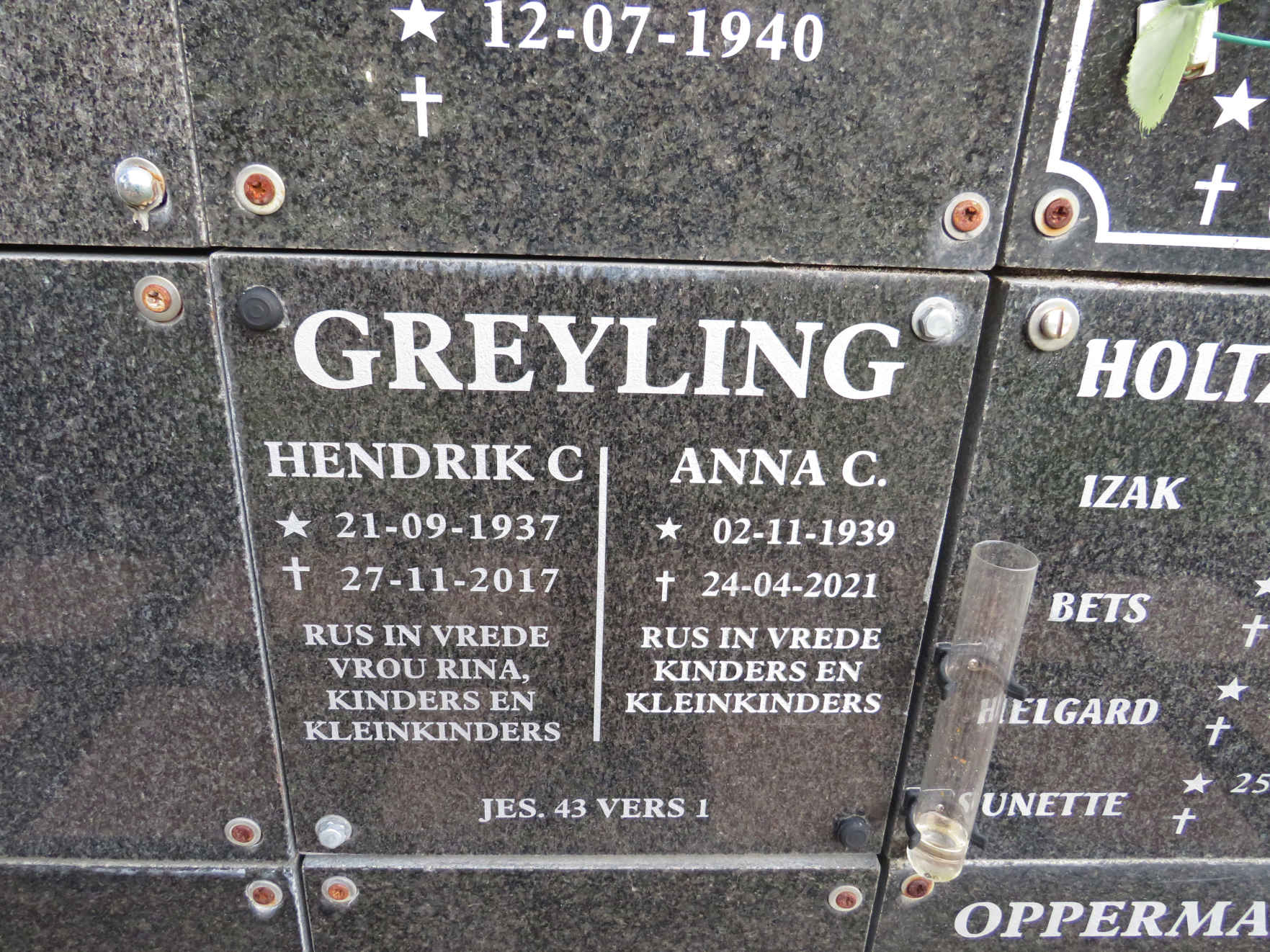 GREYLING Hendrik C. 1937-2017 & Anna C. 1939-2021