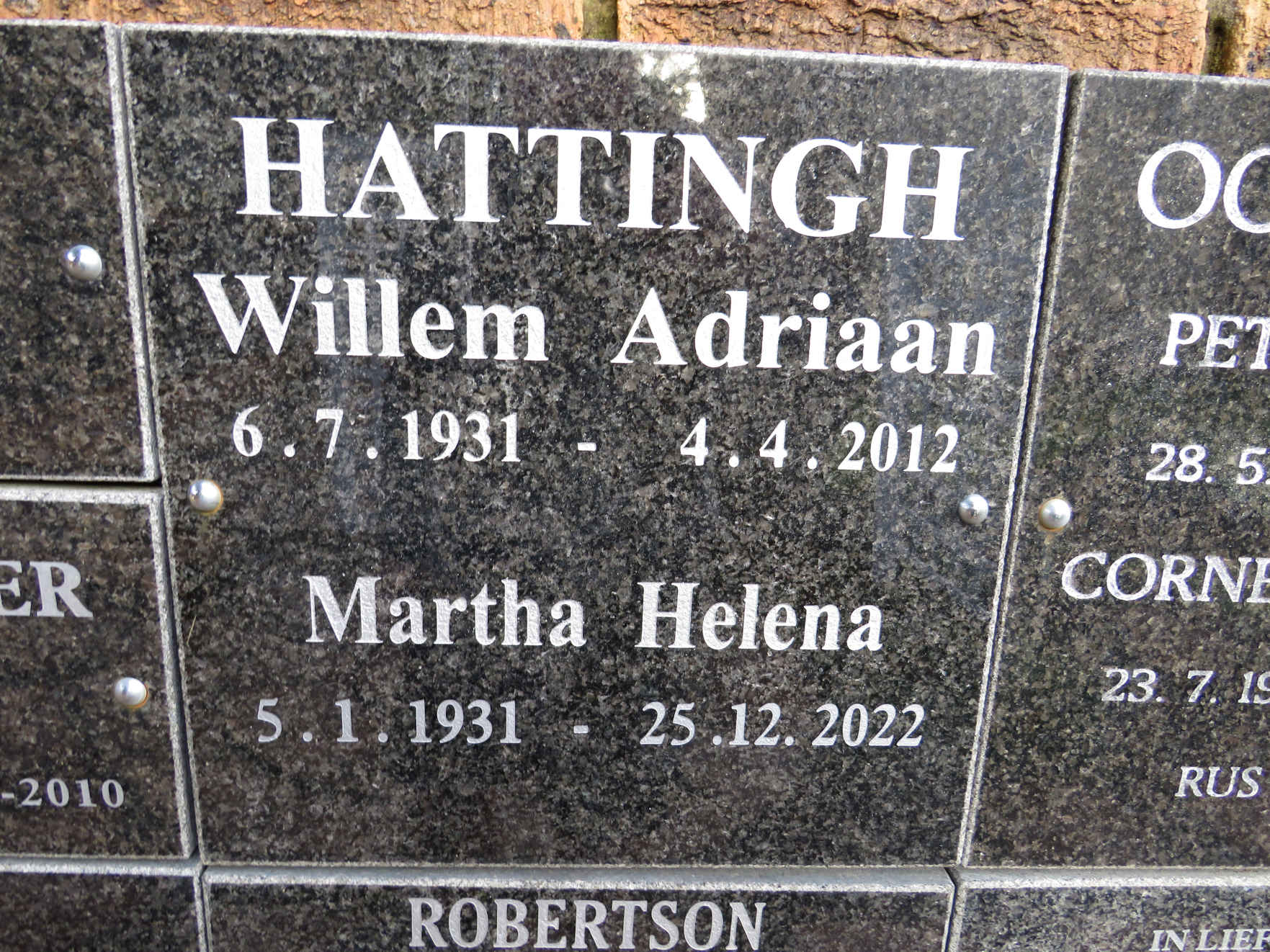 HATTINGH Willem Adriaan 1931-2012 & Martha Helena 1931-2022