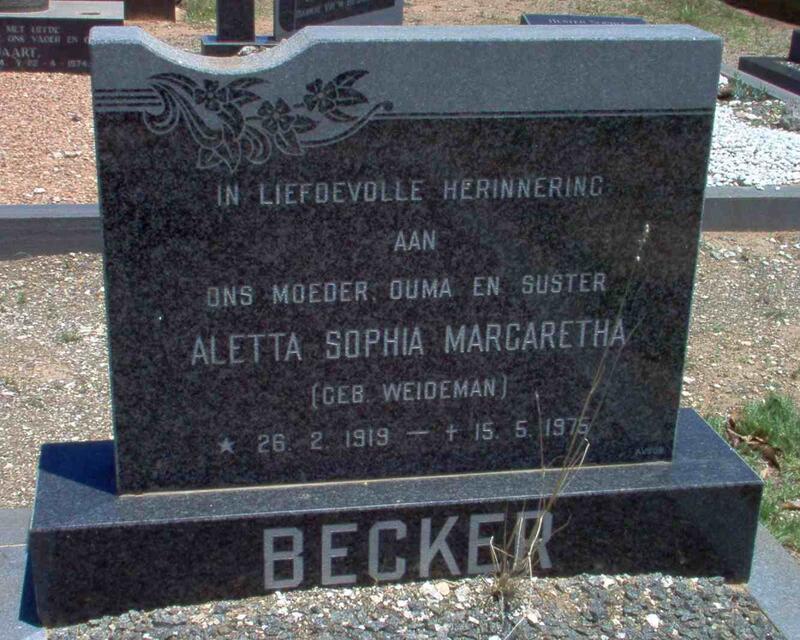 BECKER Aletta Sophia Margaretha nee WEIDEMAN 1919-1975