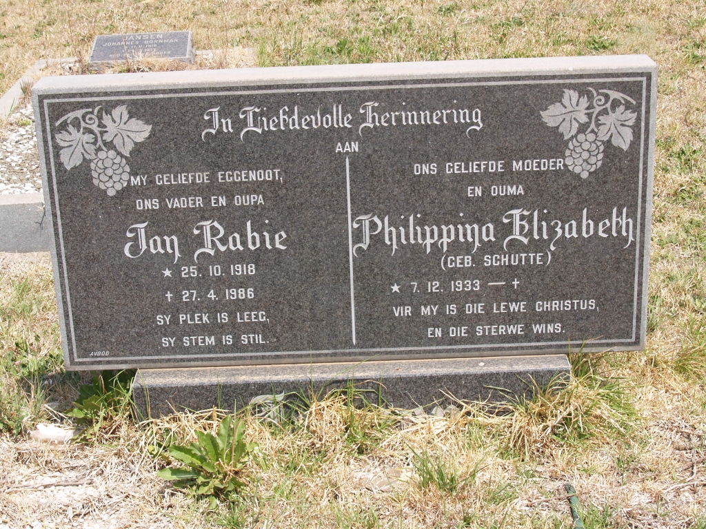 JANSEN Jan Rabie 1918-1986 & Philippina Elizabeth SCHUTTE 1933-
