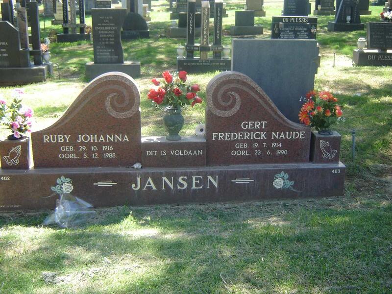 JANSEN Gert Frederick Naude 1914-1990 & Ruby Johanna 1916-1988