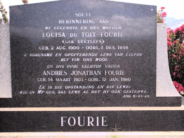 FOURIE Andries Jonathan 1903-1980 & Louisa du Toit DEETLEFS 1900-1958