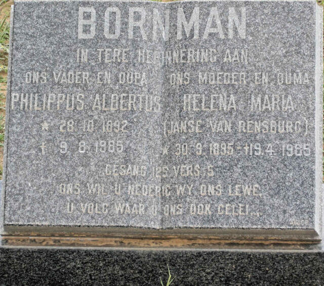 BORNMAN Philippus Albertus 1892-1985 & Helena Maria JANSE VAN RENSBURG 1895-1985