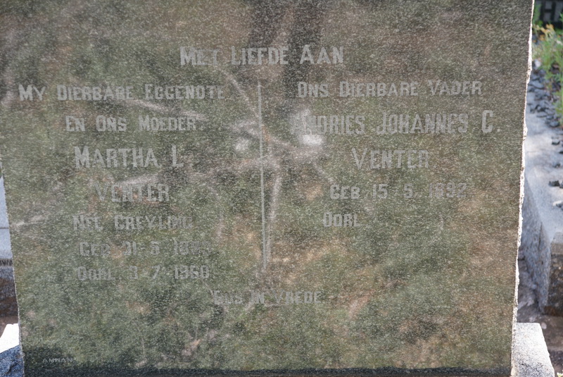 VENTER Andries Johannes C. 1892- & Martha L. GREYLING 1858-1968