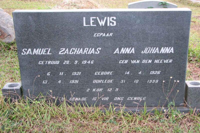 LEWIS Samuel Zacharias 1921-1991 & Anna Johanna VAN DEN HEEVER 1926-1998