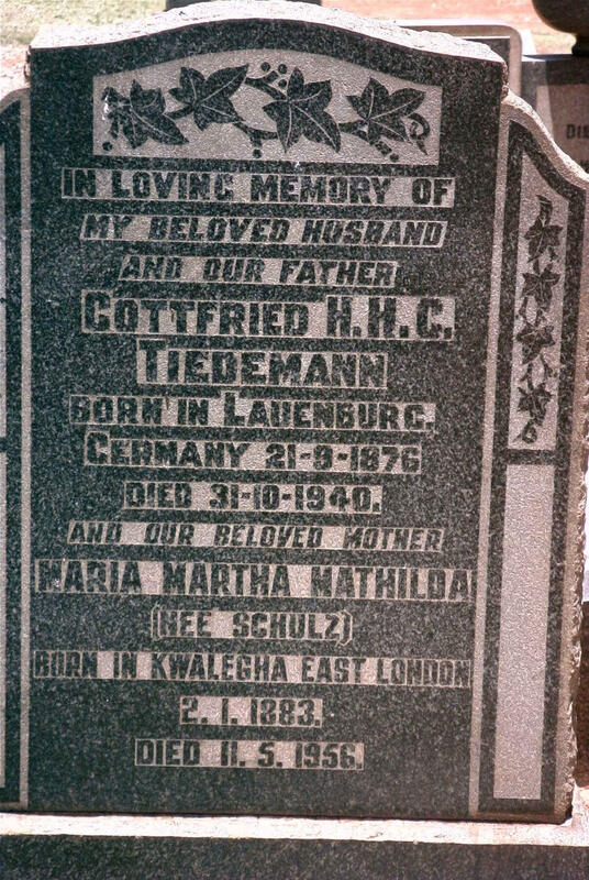 TIEDEMANN Gottfried H.H.C. 1876-1940 & Maria Martha Mathilda SCHULZ 1883-1956