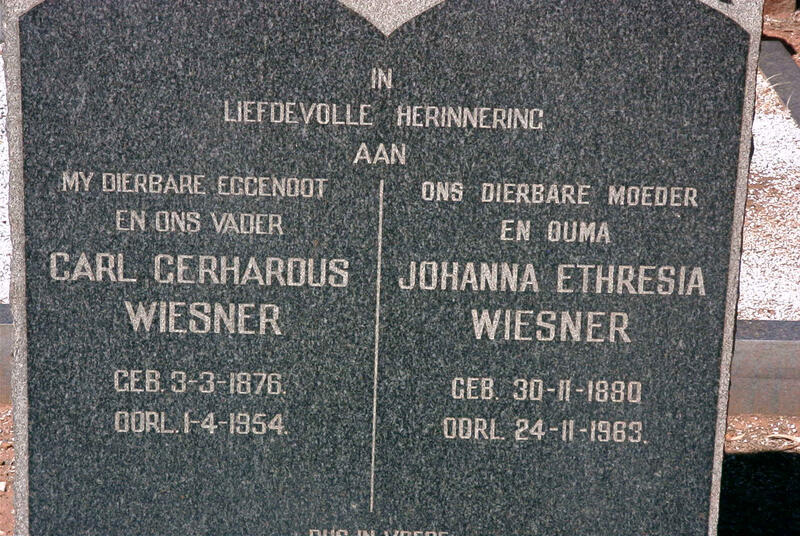 WIESNER Carl Gerhardus 1876-1954 & Johanna Ethresia 1880-1963