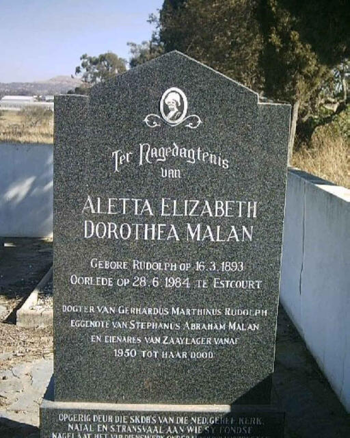 MALAN Aletta Elizabeth Dorothea nee RUDOLPH 1893-1984