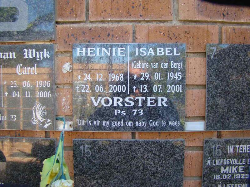 VORSTER Heinie 1968-2000 :: VORSTER Isabel nee VAN DEN BERG 1945-2001