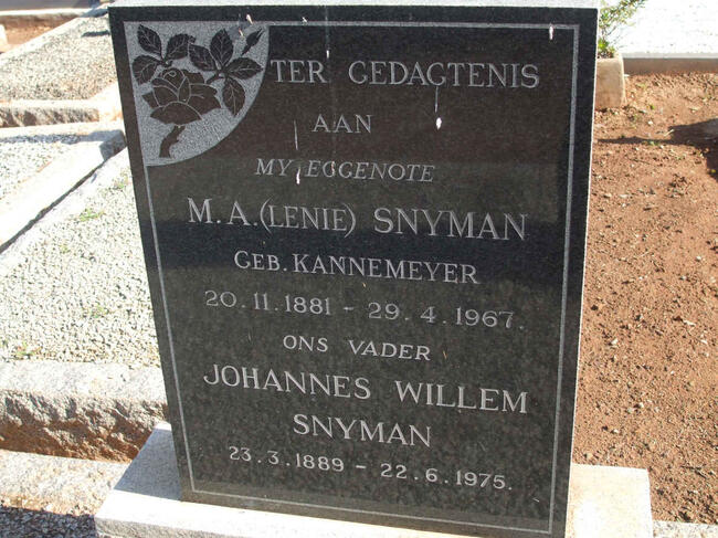 SNYMAN Johannes Willem 1889-1975 & M.A. KANNEMEYER 1881-1967