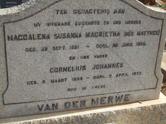 MERWE Cornelius Johannes, van der 1885-1973 & Magdalena Susanna Magrietha MATTHEE 1891-1965