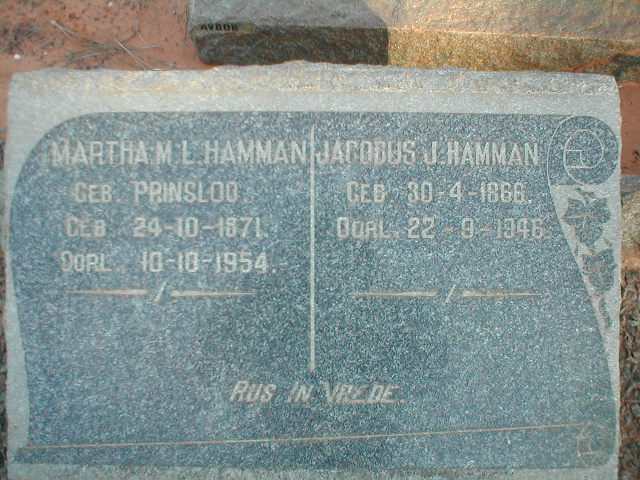 HAMMAN Jacobus J. 1866-1946 & Martha M.L. PRINSLOO 1871-1954
