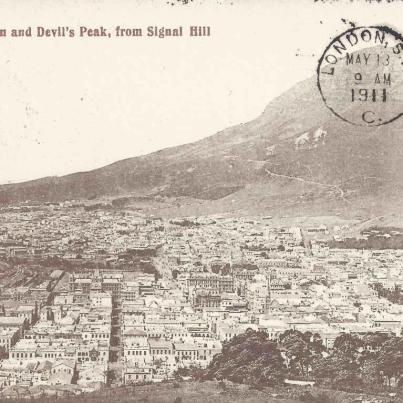 Cape Town and Devils Peak from Signal Hill, postal cancellation 1911