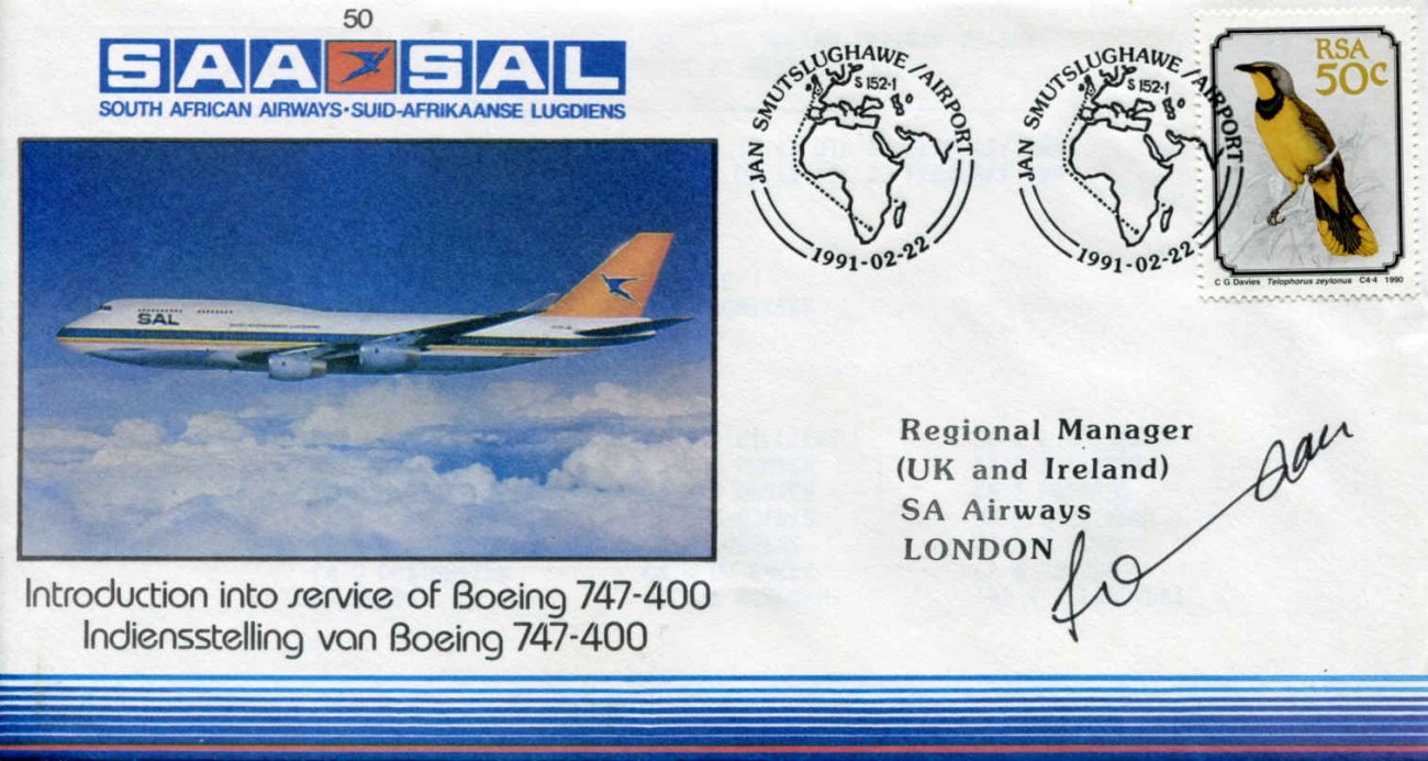 First Day Cover commemorating SAA introducing Boeing 747 400